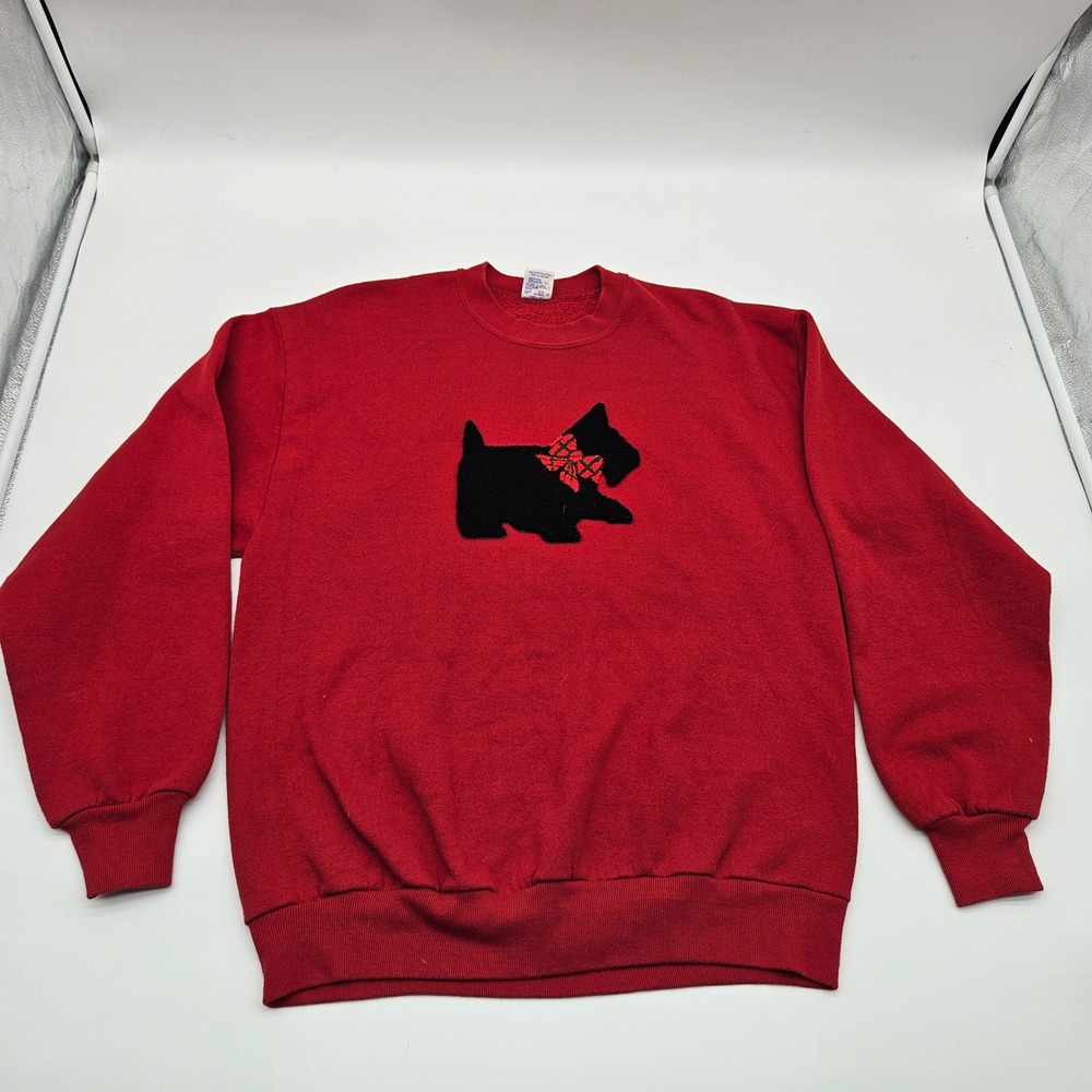 Vtg Jerzees Red Scottie Dog Applique Sweatshirt Long Sleeve Size L Made in USA‎